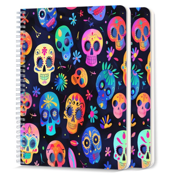 Spiral Notebook,College Ruled Journal,8.26" x 5.71" 50 Sheets/100 Pages,2 Pack - Colorful Cartoon-Style Skull Pattern on Dark Background