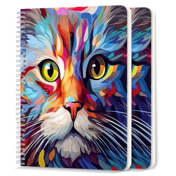 Spiral Notebook,College Ruled Journal,8.26" x 5.71" 50 Sheets/100 Pages,2 Pack - Colorful Cat Face With Large Eyes And Long Fur
