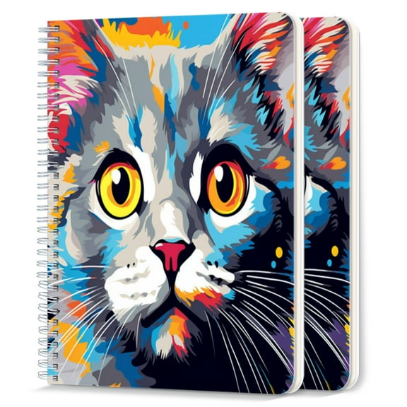 Spiral Notebook,College Ruled Journal,8.26" x 5.71" 50 Sheets/100 Pages,2 Pack - Colorful Cat Portrait in The Style of Pop Art