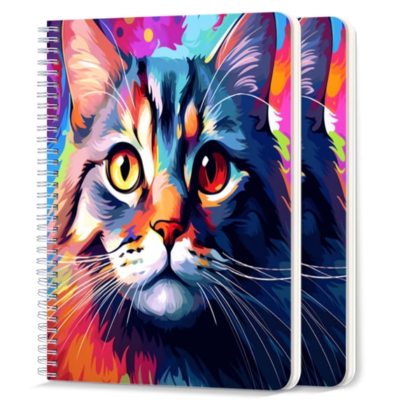Spiral Notebook,College Ruled Journal,8.26" x 5.71" 50 Sheets/100 Pages,2 Pack - Colorful Cat Portrait in The Style of Vector Art
