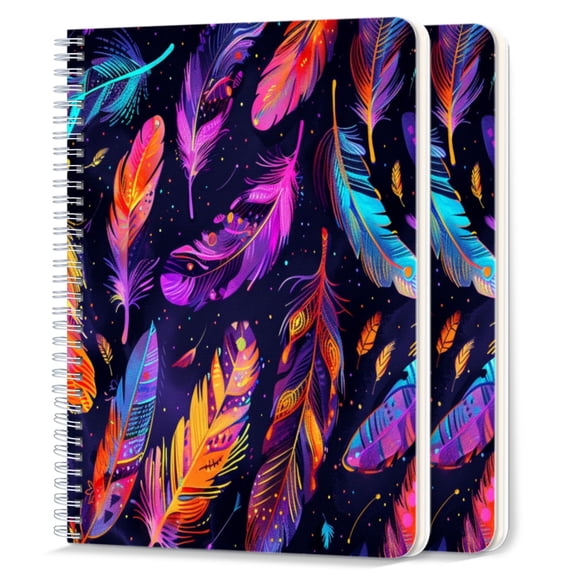 Spiral Notebook,College Ruled Journal,8.26" x 5.71" 50 Sheets/100 Pages,2 Pack - Colorful Feathers Floating in Space Glowing Under Blacklight