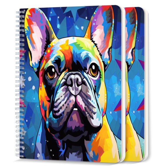 Spiral Notebook,College Ruled Journal,8.26" x 5.71" 50 Sheets/100 Pages,2 Pack - Colorful French Bulldog Portrait With Colorful Stars Background