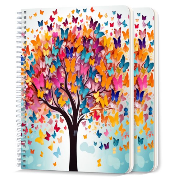 Spiral Notebook,College Ruled Journal,8.26" x 5.71" 50 Sheets/100 Pages,2 Pack - Colorful Vector Illustration of Tree With Butterflies Flying Around