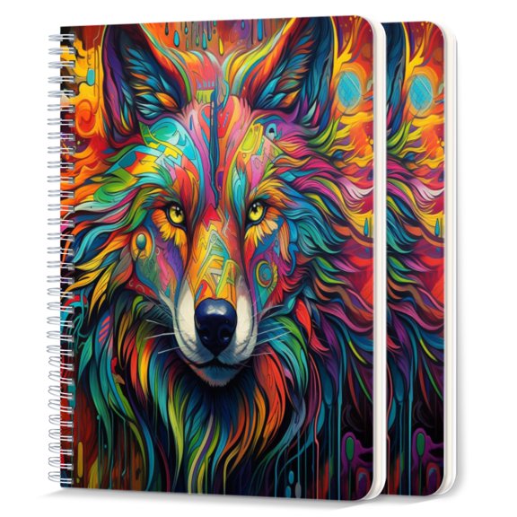 Spiral Notebook,College Ruled Journal,8.26" x 5.71" 50 Sheets/100 Pages,2 Pack - Colorful Wolf Face in The Style of Art