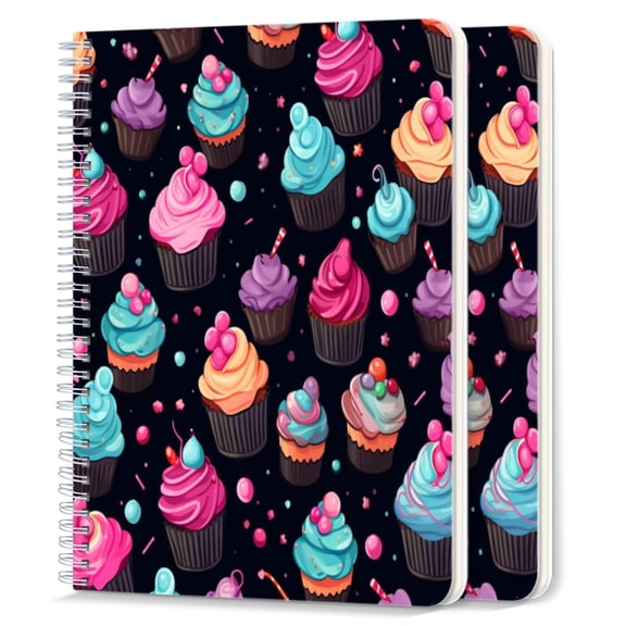 Spiral Notebook,College Ruled Journal,8.26" x 5.71" 50 Sheets/100 Pages,2 Pack - Cupcake Pattern Cartoon Style