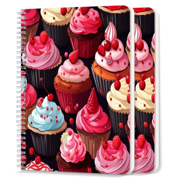 Spiral Notebook,College Ruled Journal,8.26" x 5.71" 50 Sheets/100 Pages,2 Pack - Cupcakes With Pink And Red Frosting And Berries on top