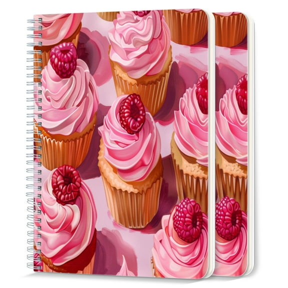 Spiral Notebook,College Ruled Journal,8.26" x 5.71" 50 Sheets/100 Pages,2 Pack - Cupcakes With Pink Frosting And Raspberries on top