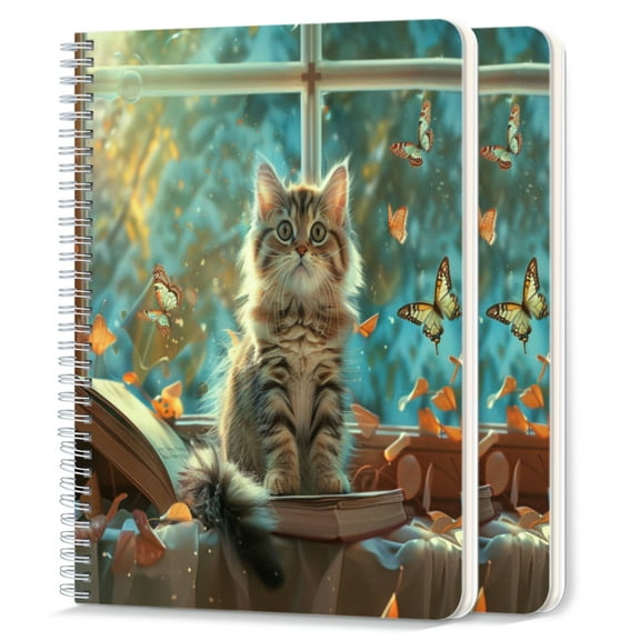 Spiral Notebook,College Ruled Journal,8.26" x 5.71" 50 Sheets/100 Pages,2 Pack - Cute Cat Sits on The Table Next to Open Book