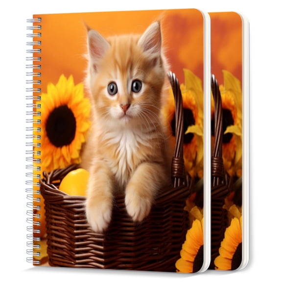 Spiral Notebook,College Ruled Journal,8.26" x 5.71" 50 Sheets/100 Pages,2 Pack - Cute Ginger Kitten Sits in Orange Basket Surrounded By Sunflowers And Lemons