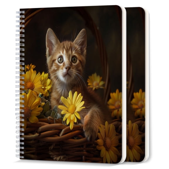 Spiral Notebook,College Ruled Journal,8.26" x 5.71" 50 Sheets/100 Pages,2 Pack - Cute Kitten Sits in Basket With Flowers