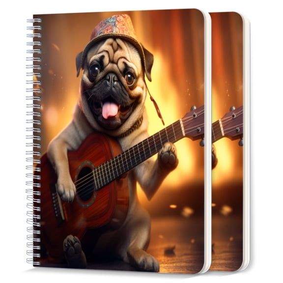 Spiral Notebook,College Ruled Journal,8.26" x 5.71" 50 Sheets/100 Pages,2 Pack - Cute Pug Dog With Guitar Love Heart Music Notes Picture