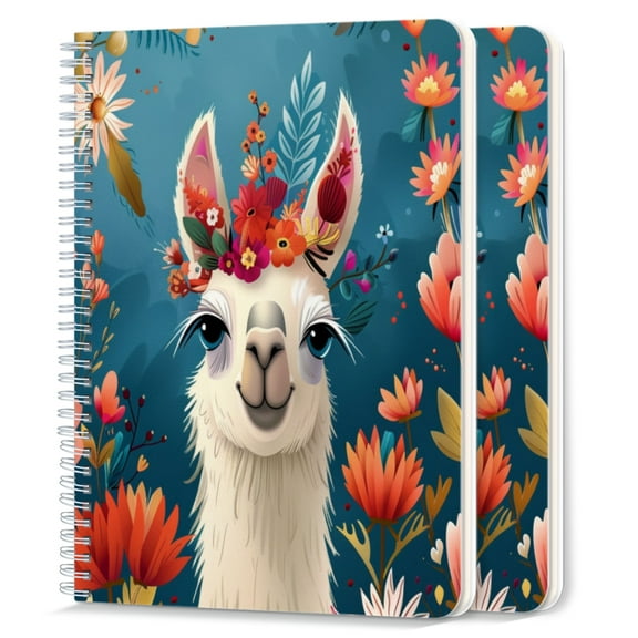 Spiral Notebook,College Ruled Journal,8.26" x 5.71" 50 Sheets/100 Pages,2 Pack - Cute Smiling Llama With Colorful Flowers on Head