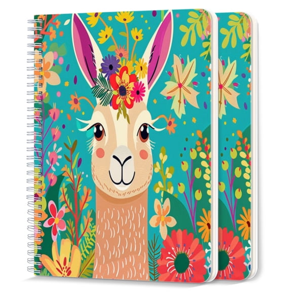 Spiral Notebook,College Ruled Journal,8.26" x 5.71" 50 Sheets/100 Pages,2 Pack - Cute Smiling Llama in The Middle of Colorful Spring Flowers