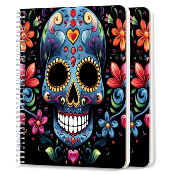 Spiral Notebook,College Ruled Journal,8.26" x 5.71" 50 Sheets/100 Pages,2 Pack - Day of The Dead Skull With Colorful Flowers And Hearts