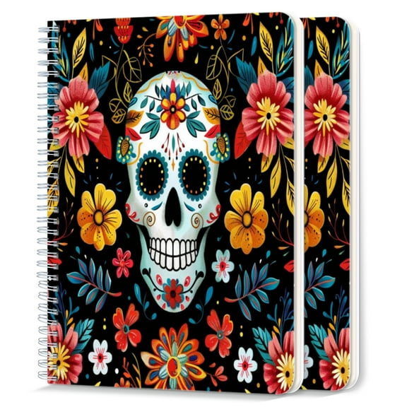 Spiral Notebook,College Ruled Journal,8.26" x 5.71" 50 Sheets/100 Pages,2 Pack - Day of The Dead Skull With Colorful Flowers And Leaves