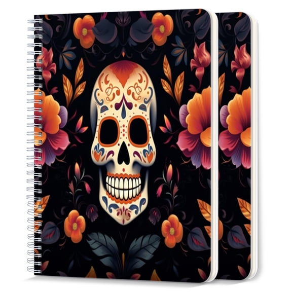 Spiral Notebook,College Ruled Journal,8.26" x 5.71" 50 Sheets/100 Pages,2 Pack - Dead Skull With Flowers