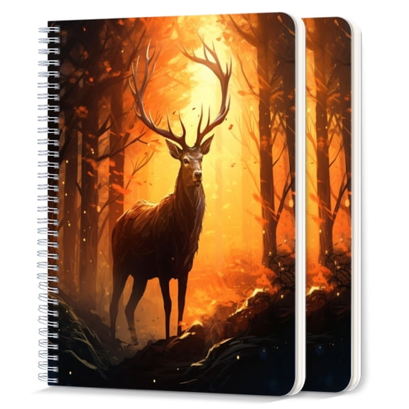 Spiral Notebook,College Ruled Journal,8.26" x 5.71" 50 Sheets/100 Pages,2 Pack - Deer With Antlers Standing in The Forest With Glowing Orange Light