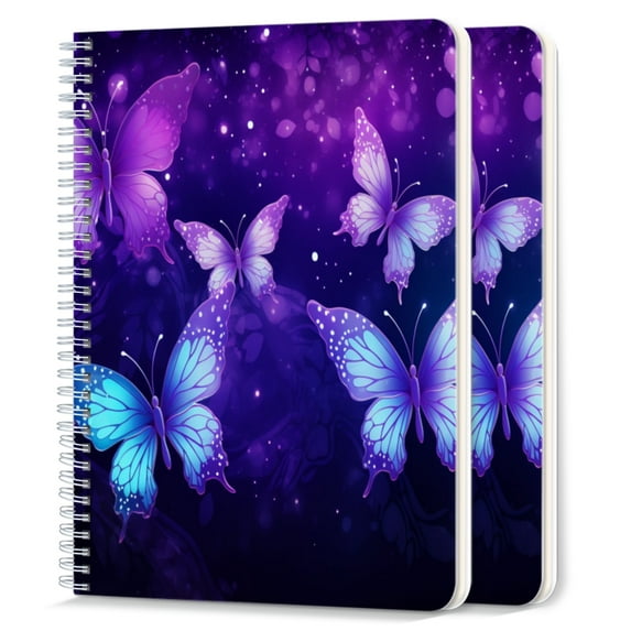 Spiral Notebook,College Ruled Journal,8.26" x 5.71" 50 Sheets/100 Pages,2 Pack - Digital Art Illustration of Purple And Blue Butterflies
