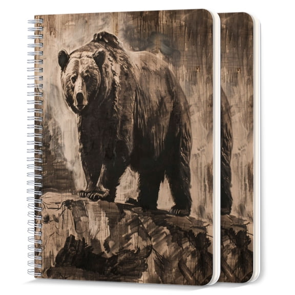 Spiral Notebook,College Ruled Journal,8.26" x 5.71" 50 Sheets/100 Pages,2 Pack - Drawing of Old Grizzly Bear on top of Rock