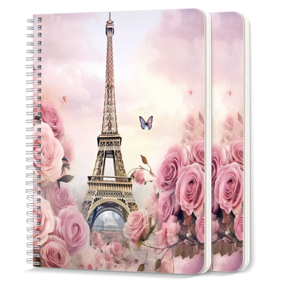 Spiral Notebook,College Ruled Journal,8.26" x 5.71" 50 Sheets/100 Pages,2 Pack - Eiffel tower Surrounded By Pink Roses