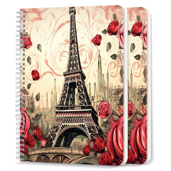 Spiral Notebook,College Ruled Journal,8.26" x 5.71" 50 Sheets/100 Pages,2 Pack - Eiffel tower Surrounded By Red Roses With Romantic Paris Background