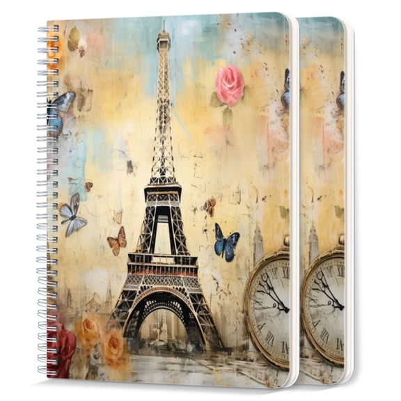 Spiral Notebook,College Ruled Journal,8.26" x 5.71" 50 Sheets/100 Pages,2 Pack - Eiffel tower Surrounded By Roses And Butterflies