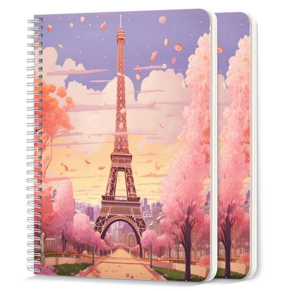 Spiral Notebook,College Ruled Journal,8.26" x 5.71" 50 Sheets/100 Pages,2 Pack - Eiffel tower With Pastel Colors Cherry Blossoms