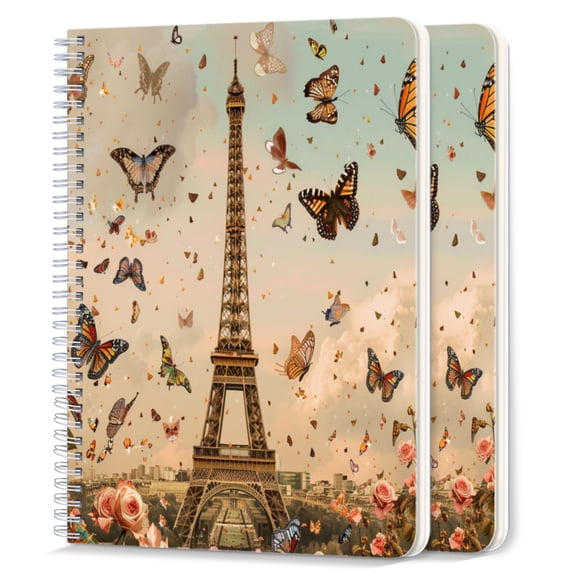 Spiral Notebook,College Ruled Journal,8.26" x 5.71" 50 Sheets/100 Pages,2 Pack - Eiffel towere With Butterflies And Roses