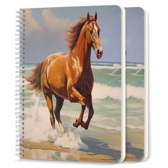 Spiral Notebook,College Ruled Journal,8.26" x 5.71" 50 Sheets/100 Pages,2 Pack - Elegant Chestnut Horse Galloping Along The Sandy Beach