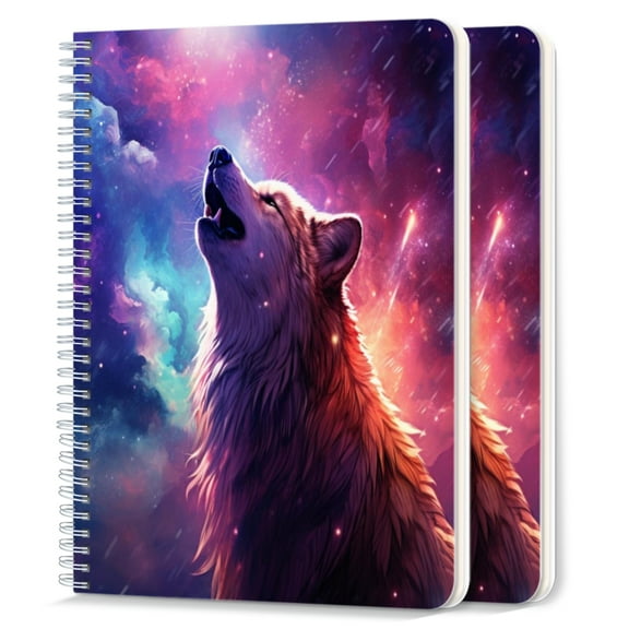 Spiral Notebook,College Ruled Journal,8.26" x 5.71" 50 Sheets/100 Pages,2 Pack - Epic Wolf Howling in The Sky Galaxy