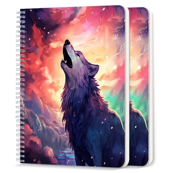 Spiral Notebook,College Ruled Journal,8.26" x 5.71" 50 Sheets/100 Pages,2 Pack - Epic Wolf Howling in The Sky With Galaxy Background