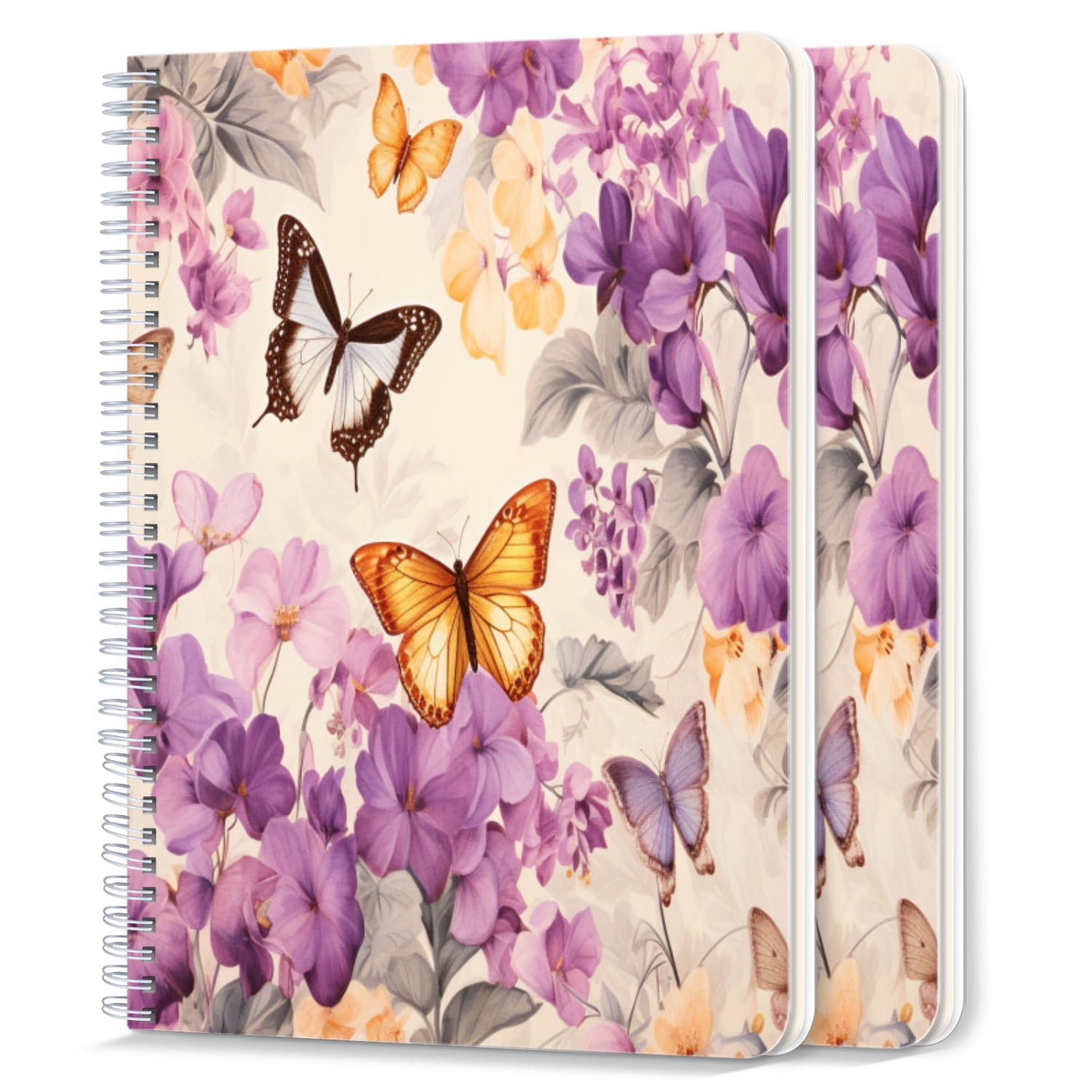 Spiral Notebook,College Ruled Journal,8.26" x 5.71" 50 Sheets/100 Pages,2 Pack - Fashion Purple Flowers And Yellow Butterflies Painting