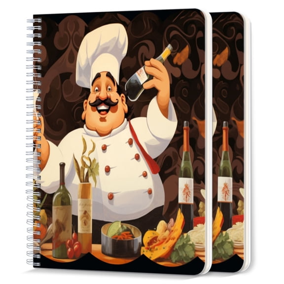 Spiral Notebook,College Ruled Journal,8.26" x 5.71" 50 Sheets/100 Pages,2 Pack - Fat Happy Chef With Mustache Holding Wine Bottle And Fork in Front