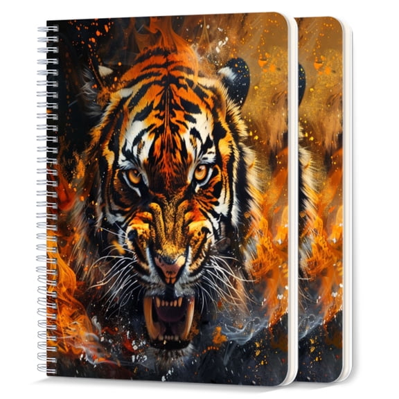 Spiral Notebook,College Ruled Journal,8.26" x 5.71" 50 Sheets/100 Pages,2 Pack - Fierce Tiger Surrounded By Flames And Sparks