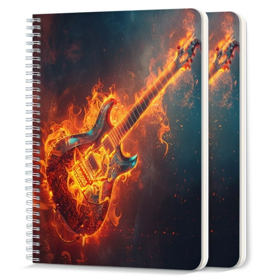 Spiral Notebook,College Ruled Journal,8.26" x 5.71" 50 Sheets/100 Pages,2 Pack - Flaming Guitar Burning Electric Music Instrument