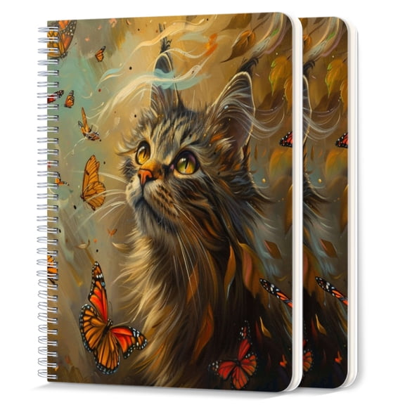 Spiral Notebook,College Ruled Journal,8.26" x 5.71" 50 Sheets/100 Pages,2 Pack - Fluffy Cat Surrounded By Butterflies in The Wind