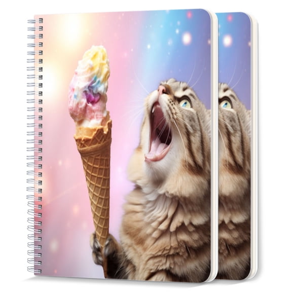 Spiral Notebook,College Ruled Journal,8.26" x 5.71" 50 Sheets/100 Pages,2 Pack - Funny Cat Eating Ice Cream