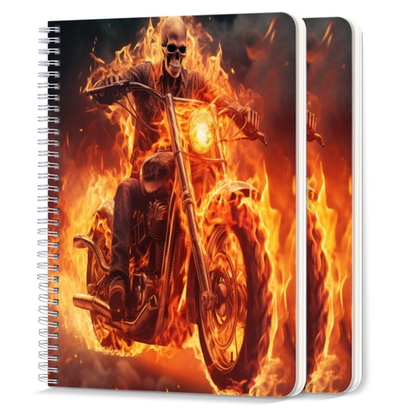 Spiral Notebook,College Ruled Journal,8.26" x 5.71" 50 Sheets/100 Pages,2 Pack - Ghostly Rider on Motorcycle Made of Fire