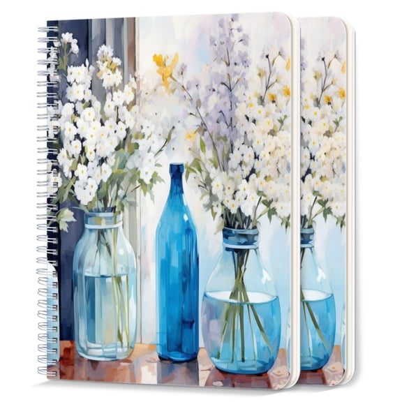 Spiral Notebook,College Ruled Journal,8.26" x 5.71" 50 Sheets/100 Pages,2 Pack - Glass Vases With White Flowers on Table By The Window