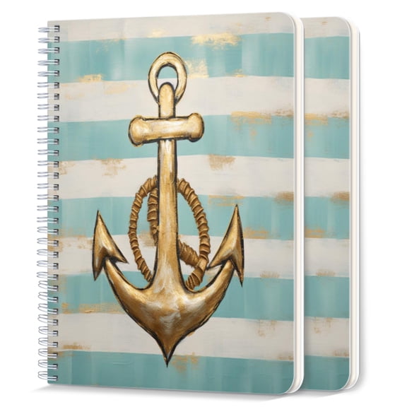 Spiral Notebook,College Ruled Journal,8.26" x 5.71" 50 Sheets/100 Pages,2 Pack - Golden Nautical Anchor on A Background of Turquoise And White Stripes