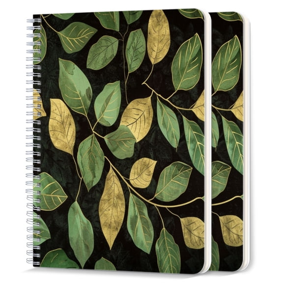 Spiral Notebook,College Ruled Journal,8.26" x 5.71" 50 Sheets/100 Pages,2 Pack - Green Leaves With Golden Highlights
