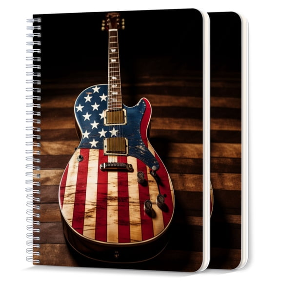 Spiral Notebook,College Ruled Journal,8.26" x 5.71" 50 Sheets/100 Pages,2 Pack - Guitar With American Flag Standing on The Floor