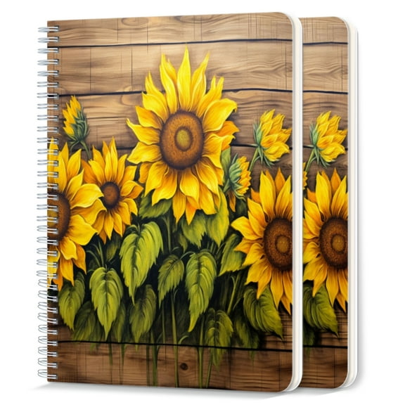 Spiral Notebook,College Ruled Journal,8.26" x 5.71" 50 Sheets/100 Pages,2 Pack - Hand-Painted Sunflowers on Wooden Background