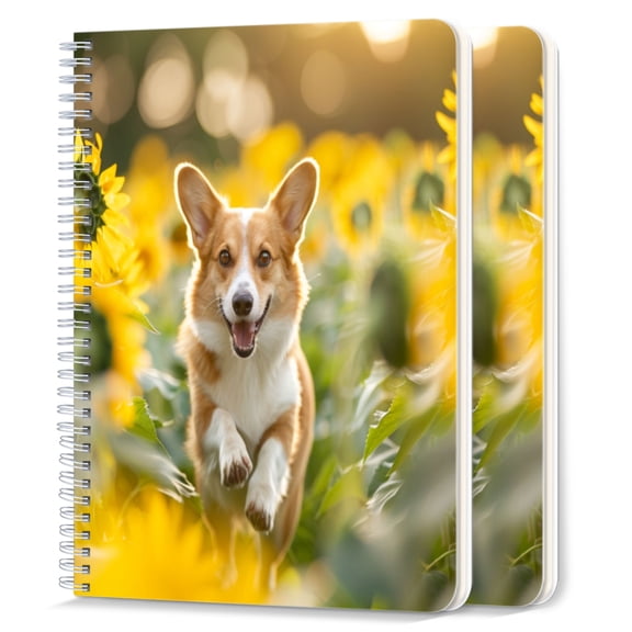 Spiral Notebook,College Ruled Journal,8.26" x 5.71" 50 Sheets/100 Pages,2 Pack - Happy Corgi Running Through Sunflower Field