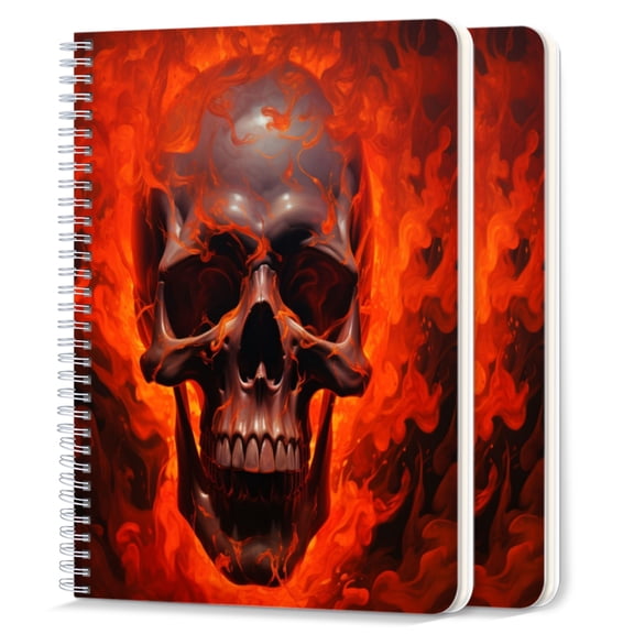 Spiral Notebook,College Ruled Journal,8.26" x 5.71" 50 Sheets/100 Pages,2 Pack - Illustration of Skull Engulfed in Flames And Set Against Dark Background