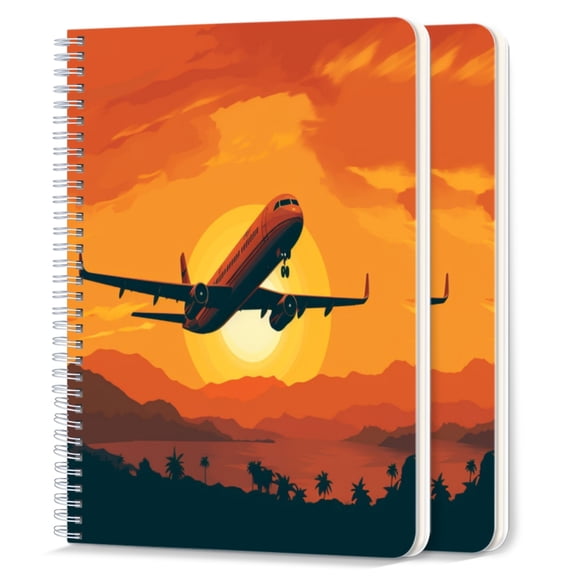 Spiral Notebook,College Ruled Journal,8.26" x 5.71" 50 Sheets/100 Pages,2 Pack - Illustration of Airplane Flying Over The Sunset