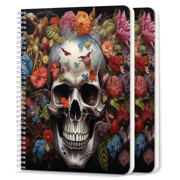Spiral Notebook,College Ruled Journal,8.26" x 5.71" 50 Sheets/100 Pages,2 Pack - Intricately Decorated Skull Surrounded By Vibrant Flowers