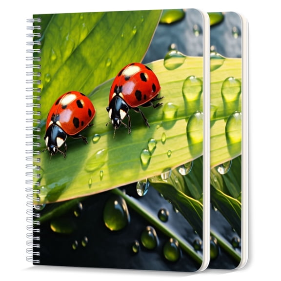 Spiral Notebook,College Ruled Journal,8.26" x 5.71" 50 Sheets/100 Pages,2 Pack - Ladybugs on The Edge of Green Leaf With Water Droplets