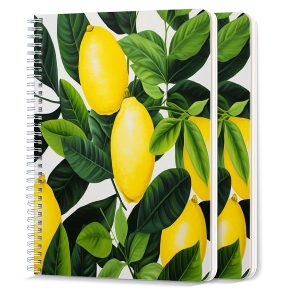 Spiral Notebook,College Ruled Journal,8.26" x 5.71" 50 Sheets/100 Pages,2 Pack - Lemon Leaves And Lemons in The Style of Patterned Wallpaper