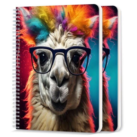 Spiral Notebook,College Ruled Journal,8.26" x 5.71" 50 Sheets/100 Pages,2 Pack - Llama With Colorful Hair Wearing Glasses Against Dark Background